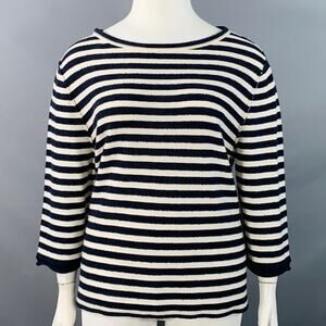 Size L Navy White Cashmere Cotton Silk Blend Terry Reverse Seams Pullover